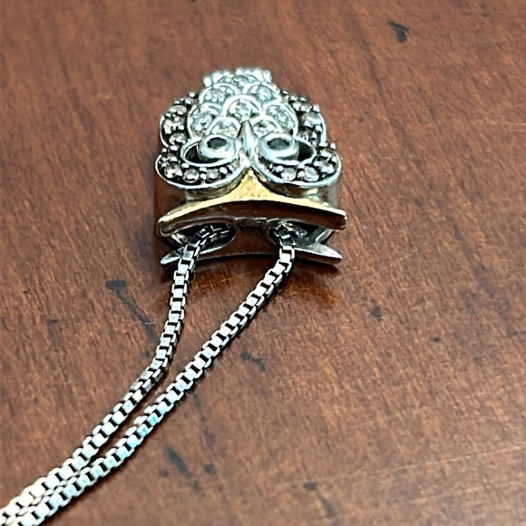 Sterling Silver 14K Gold Diamond Owl Pendant Box Chain Necklace - Picture 9 of 10